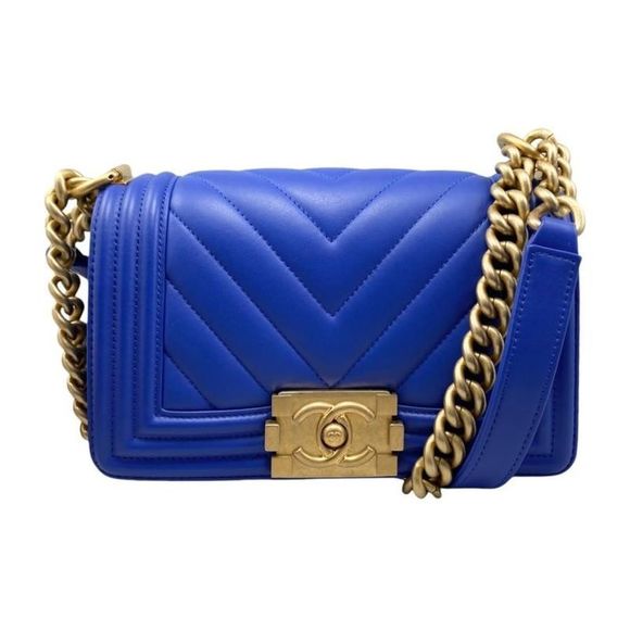 Chanel Boy Chanel Shoulder Bag V Stitch Chain Bag Lambskin Coco Mark Blue Gold - Picture 1 of 10